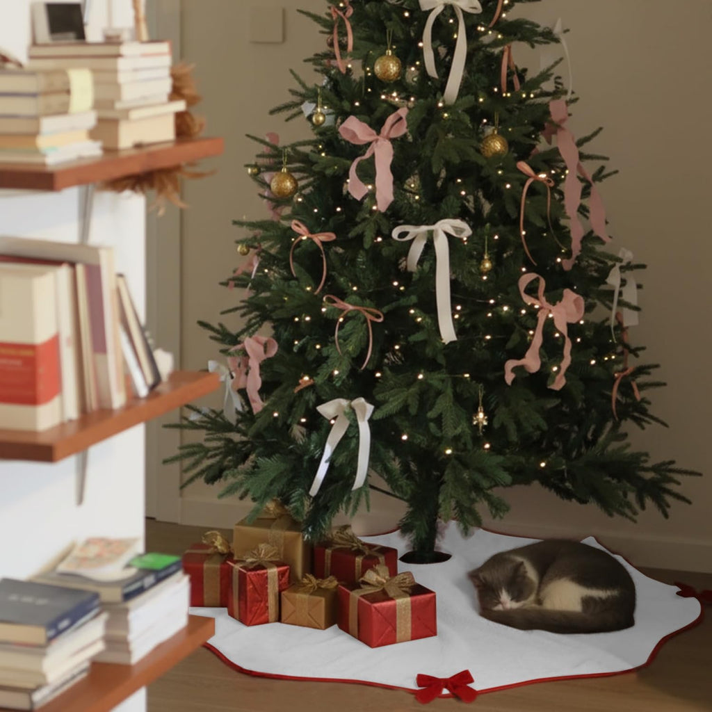 White Christmas Tree Skirt 48 inch with Red Velvet Bows Wavy Edge Faux Fur Plush Mat for 5-7FT Large Xmas Decoration
