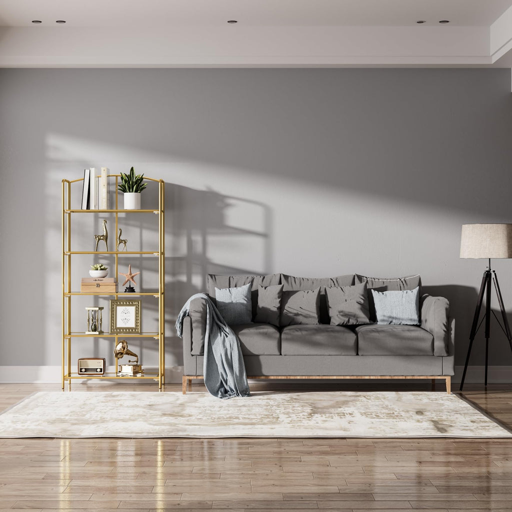 5-Tier Wider Foldable Bookshelf, Gold Frame & Transparent Shelves