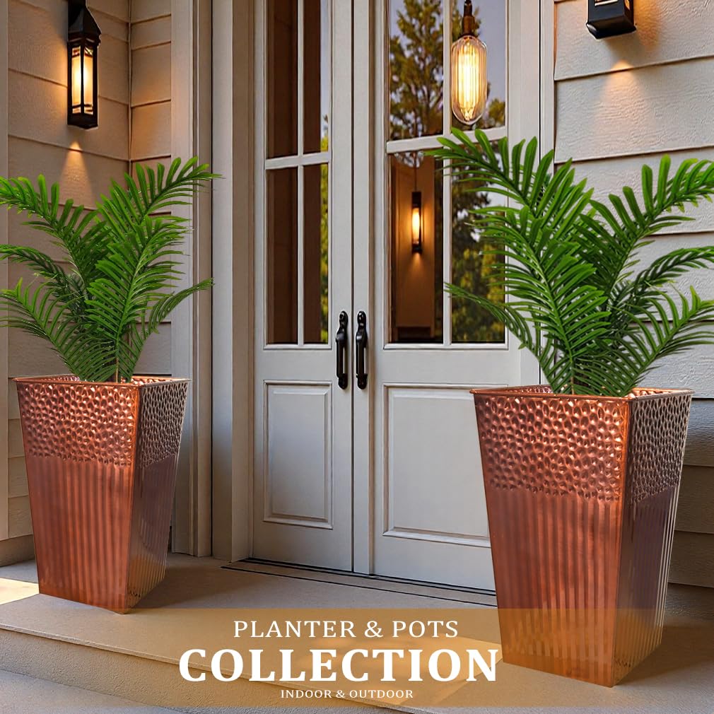 2 Pcs Pack Metal Tall Tapered Planter Pots Steel Large Square Planter Flower Pot with Drainage Holes for Indoor