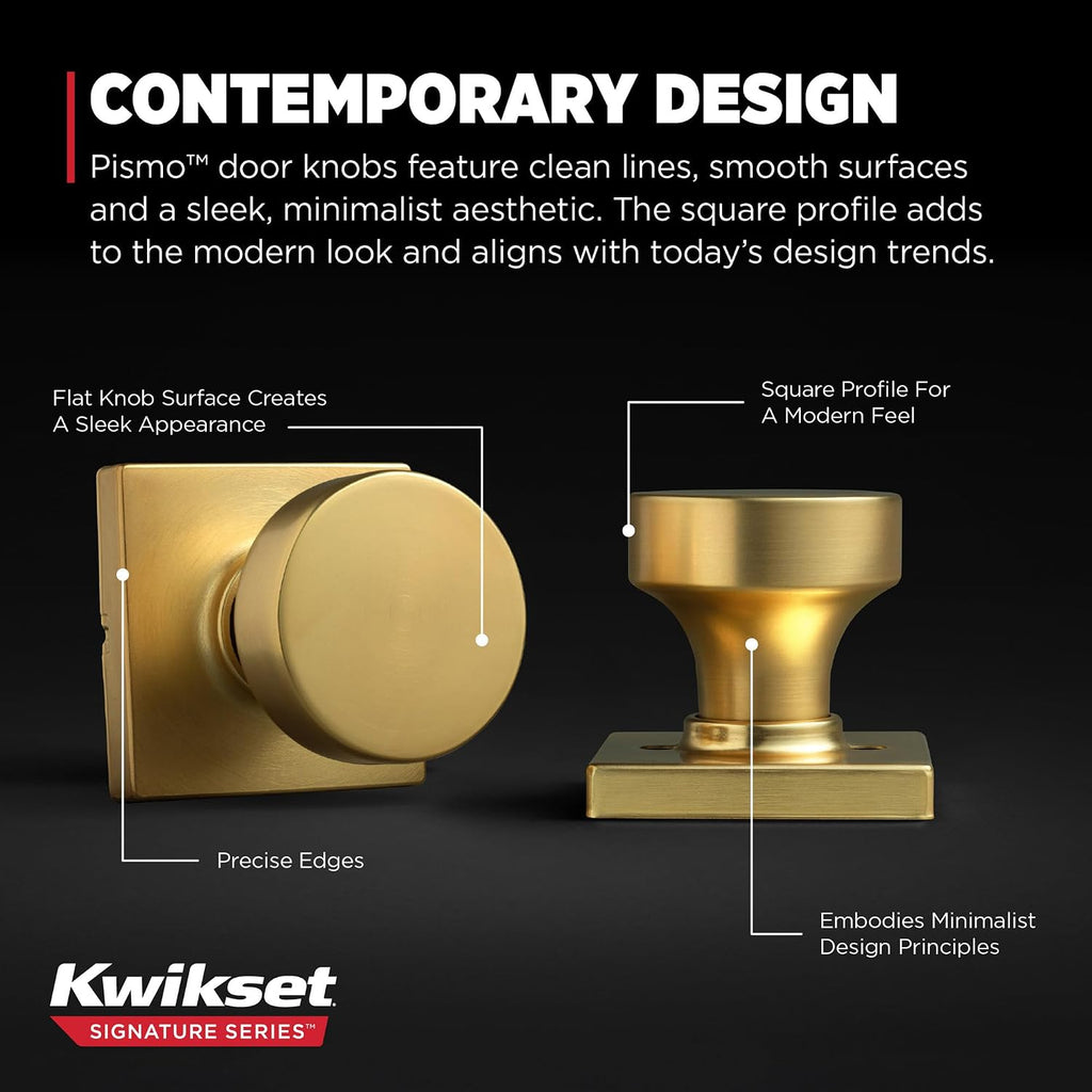 Pismo Interior Passage Door Knob, Handle for Closet and Hallway Doors, Non-Locking Doorknob, Satin Brass, Square