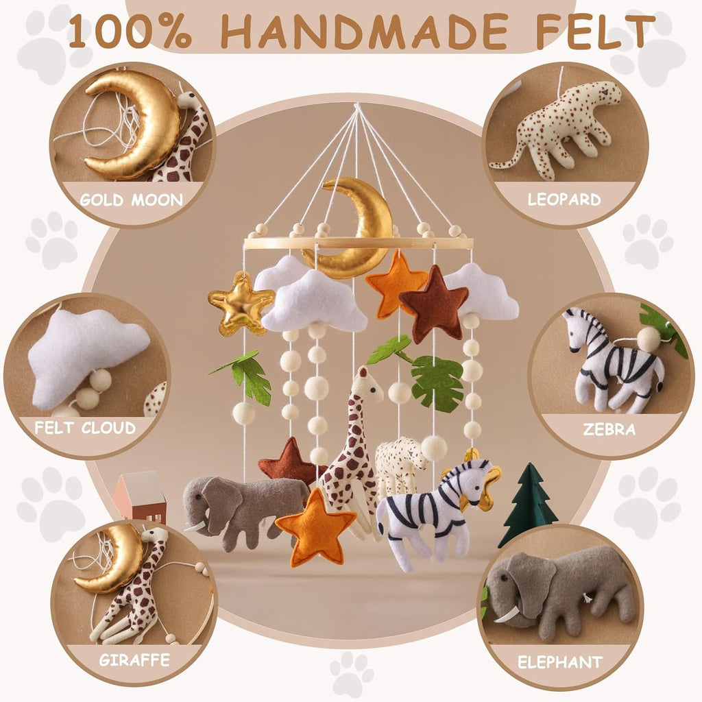 Baby Mobile for Crib - Hanging Felt Nursery Mobile - Fits Most Crib Arms - Gender-Neutral Safari Animals Nursery