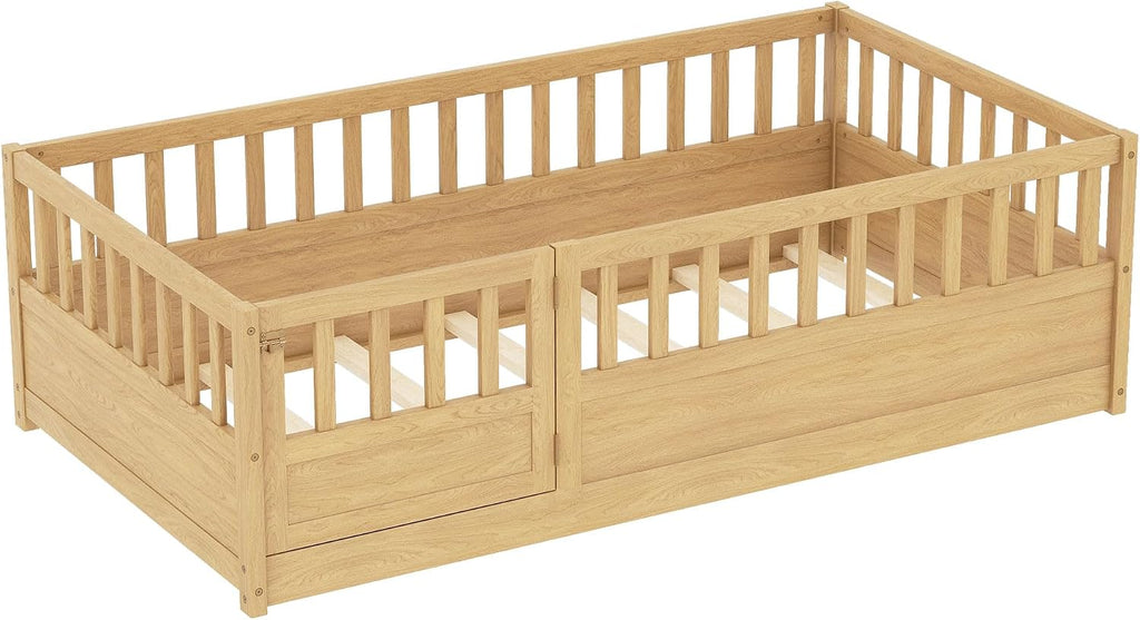 Montessori Floor Bed with High Fence, Slats and Door, Natural
