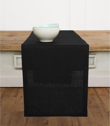 100% Pure Linen Dining Table Runner Black, Fete 14 x 108 in