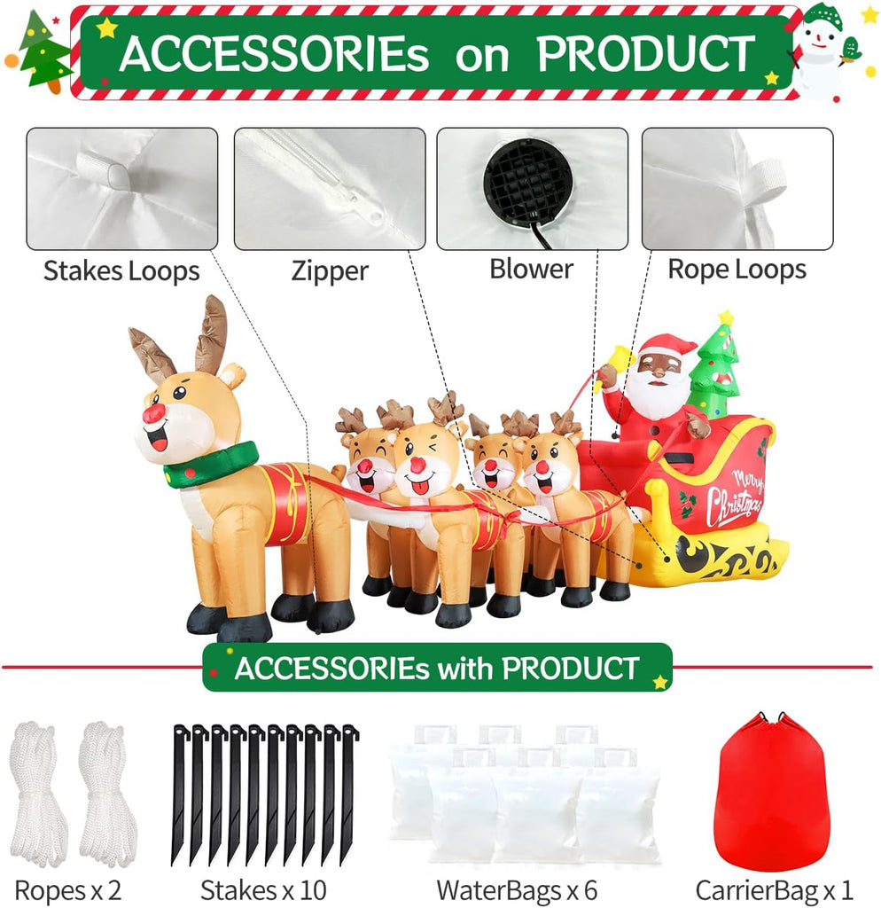12FT Christmas Inflatables Black Santa Sleigh, Black Santa Claus on Sleigh with Five Reindeers Blow up Giant Yard