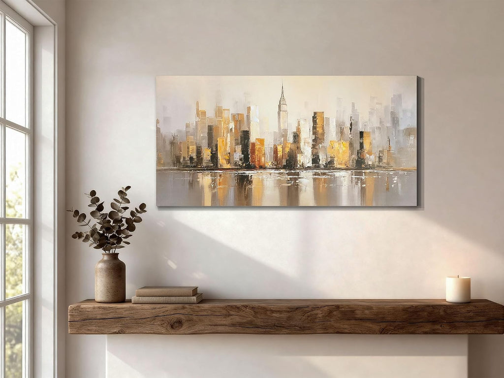 Abstract Cityscape Canvas Wall Art - Modern New York Skyline Painting Warm Accents, NYC Picture Large Framed Artwork