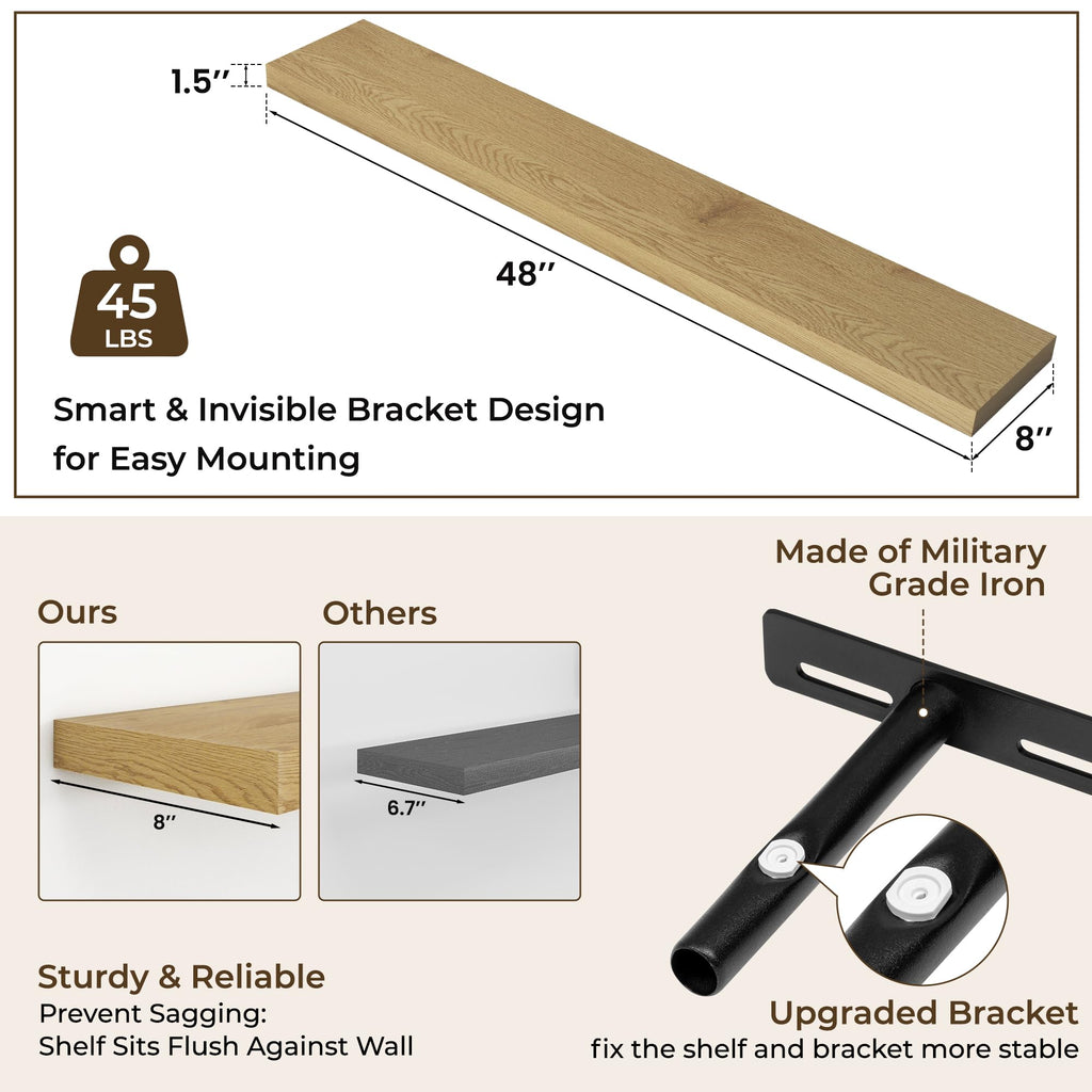 Long Floating Shelves for Wall 2Pack, Oak, 48" Lx8 D