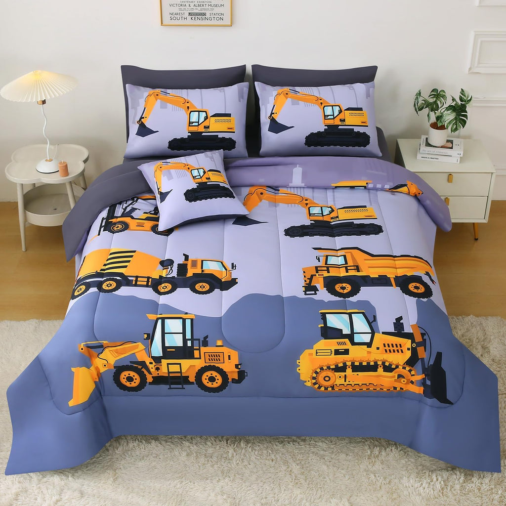Construction Twin Bedding Sets for Boys Kids,6 Piece Bed in A Bag 3D Cartoon Car Excavator Tractor Comforter Set with Sheet Set,Trucks Cars