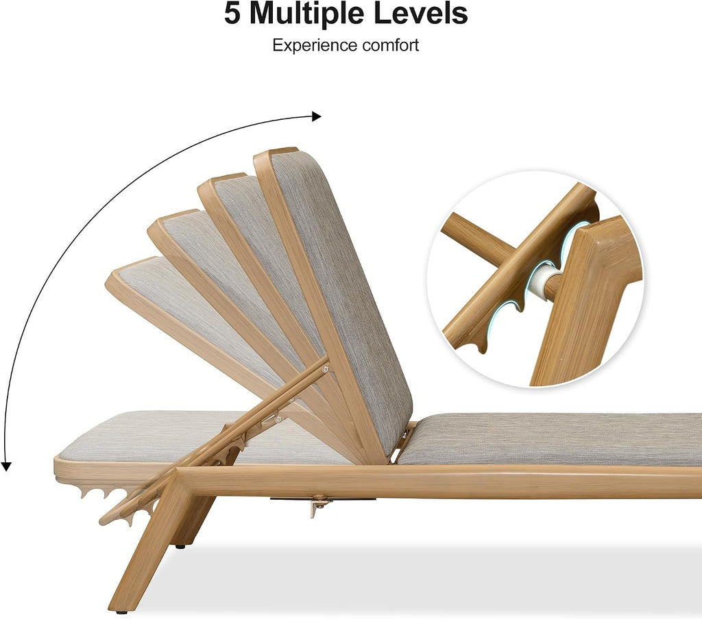 Patio Chaise Lounge with Quick-Dry Cushion Adjustable Back Teak | Heavy-duty Frame, Pull-out Table, 1.54" Soft