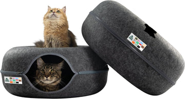 Peekaboo Cat Cave Donut for Multiple & Large Cats up to 30-45 lbs, 3-in-1 Self Warming Cat Bed, Tunnel & Scratcher