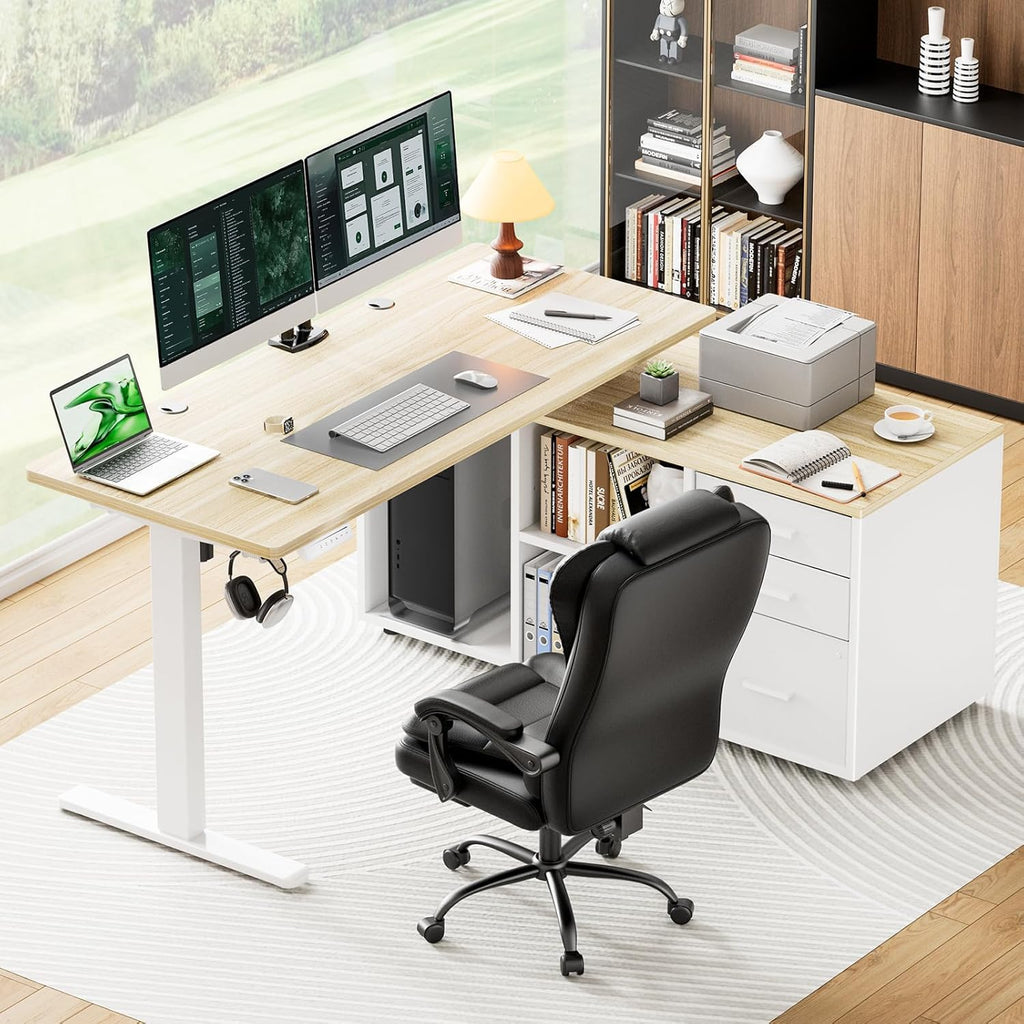 L-Shaped Executive Standing Desk with File Cabinet, 55" x 24" Electric Height Adjustable Stand up Desk, One-Whole