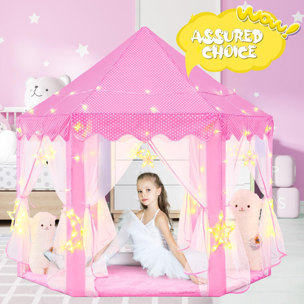 Princess Tent with Large Star Lights for Girls Age 4-7, Kids Play Tent for Girls Indoor, Castle Playhouse