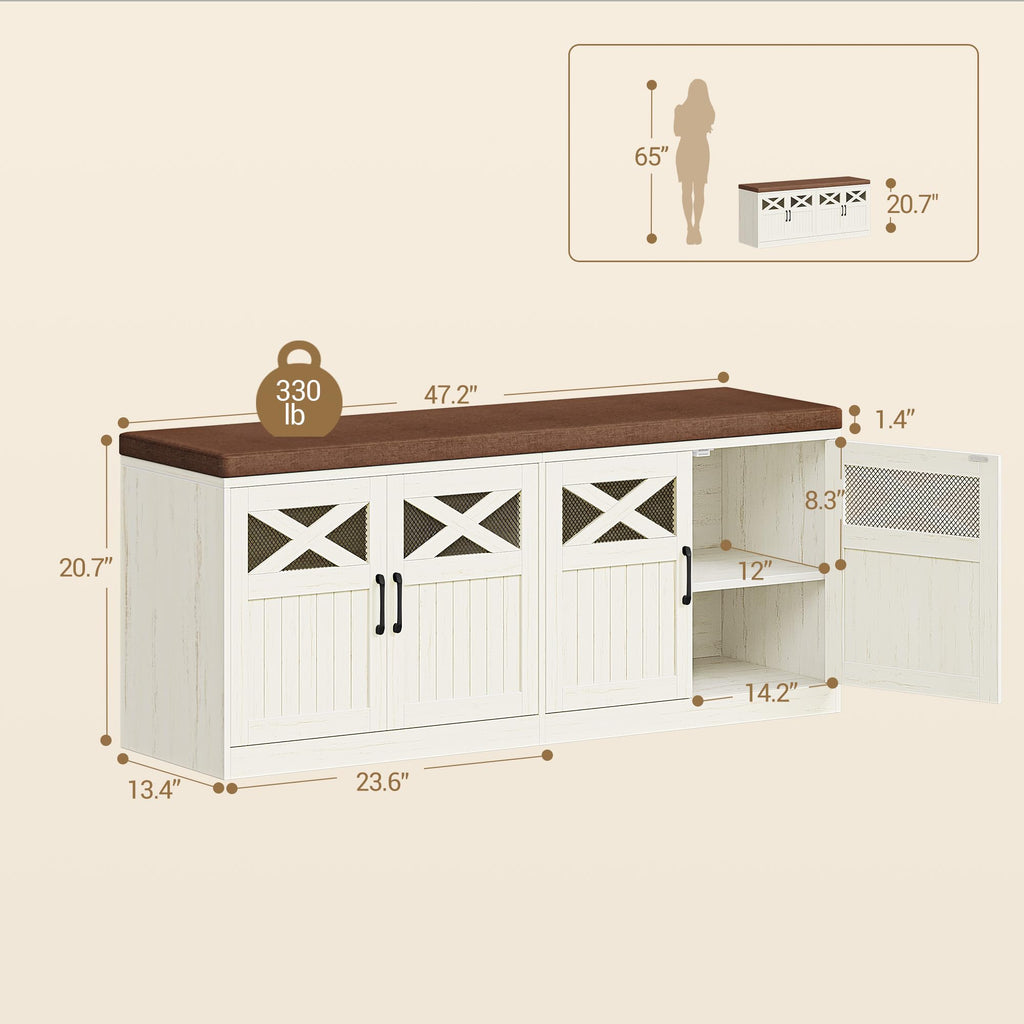 47.2" Shoe Storage Bench with 4 Barn Doors & Padded Seat Cushion