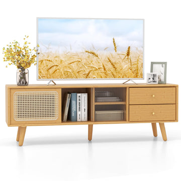 Mid Century Modern TV Stand for TVs up to 65", Bamboo Entertainment Center w/Glass & PE Rattan Sliding Doors, 2
