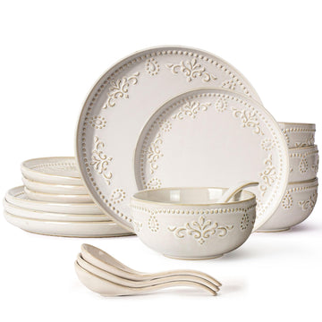 Plates And Bowls Sets, 16 Pieces Dinnerware Sets, Dish Set For 4, Ceramic Kitchen Bowl And Plate Set, Embossed White
