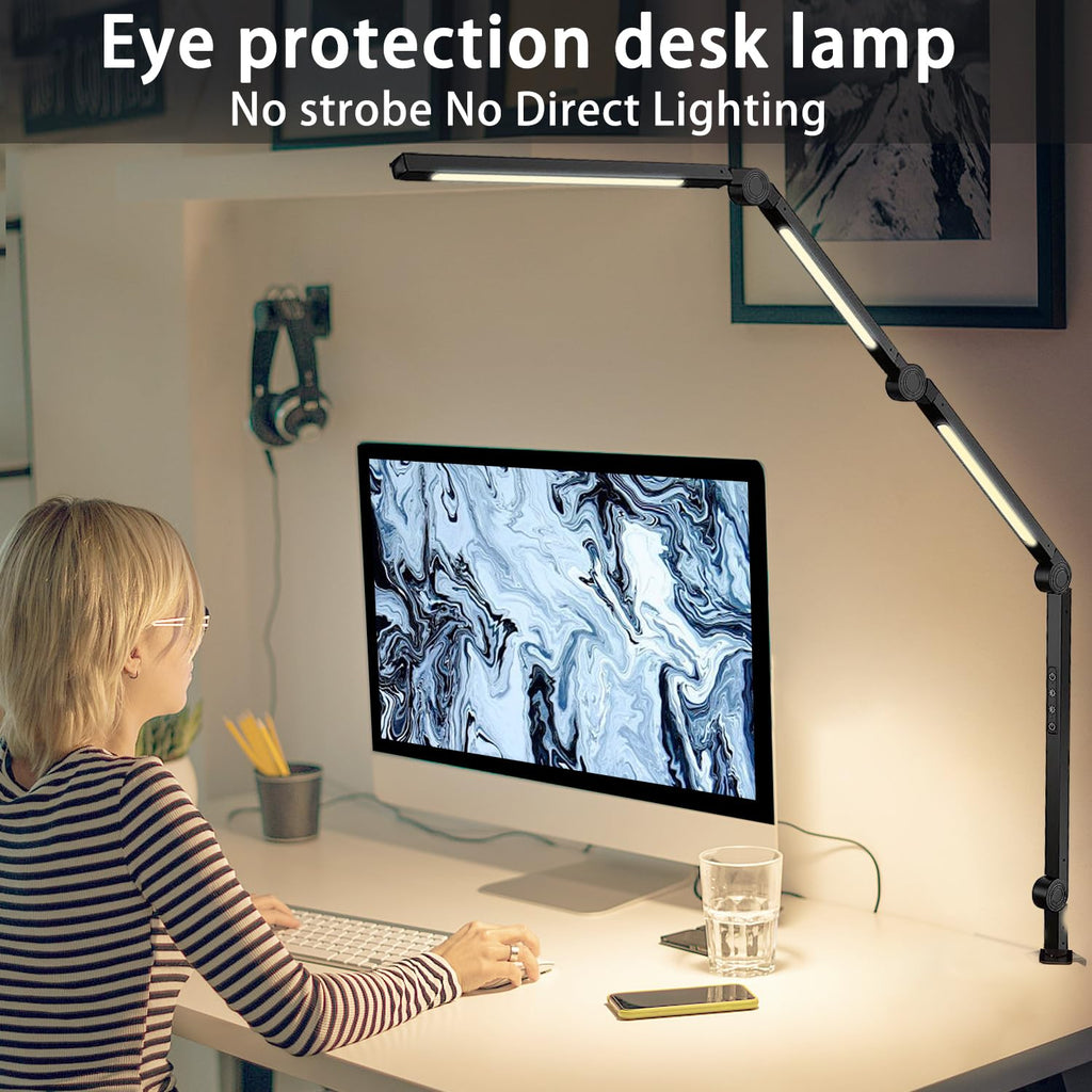 LED Desk Lamp with Clamp & Flexible Arm - 3 Light Sources, 4 Color Modes & 5 Brightness Levels, Eye-Caring Table