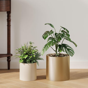 Metal Plant Pot with Drainage Hole, 7'' Beige & 10'' Golden Mid Century Pot Indoor Outdoor Planters, Home Decor Gift