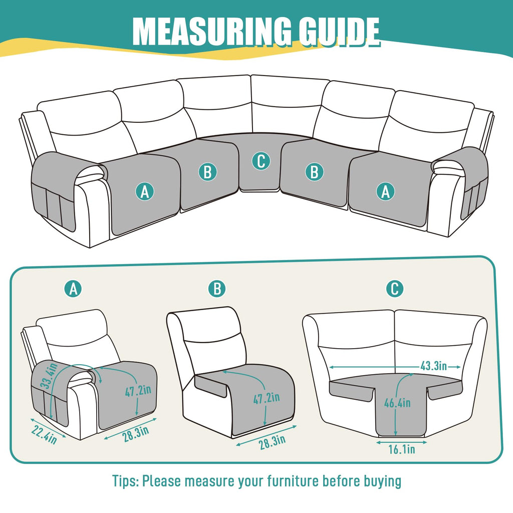 Waterproof 5-Piece Recliner Sectional Sofa Cover, Dark Grey