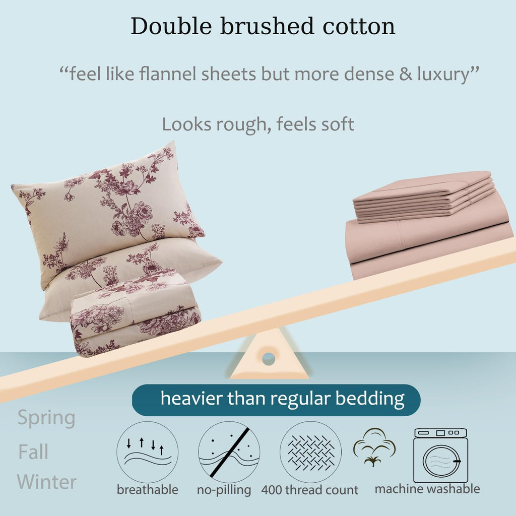 Sheets 100% Percale Cotton Red Floral Bed Sheet Set, Brushed Extra Softness, Breathable Luxury Toile