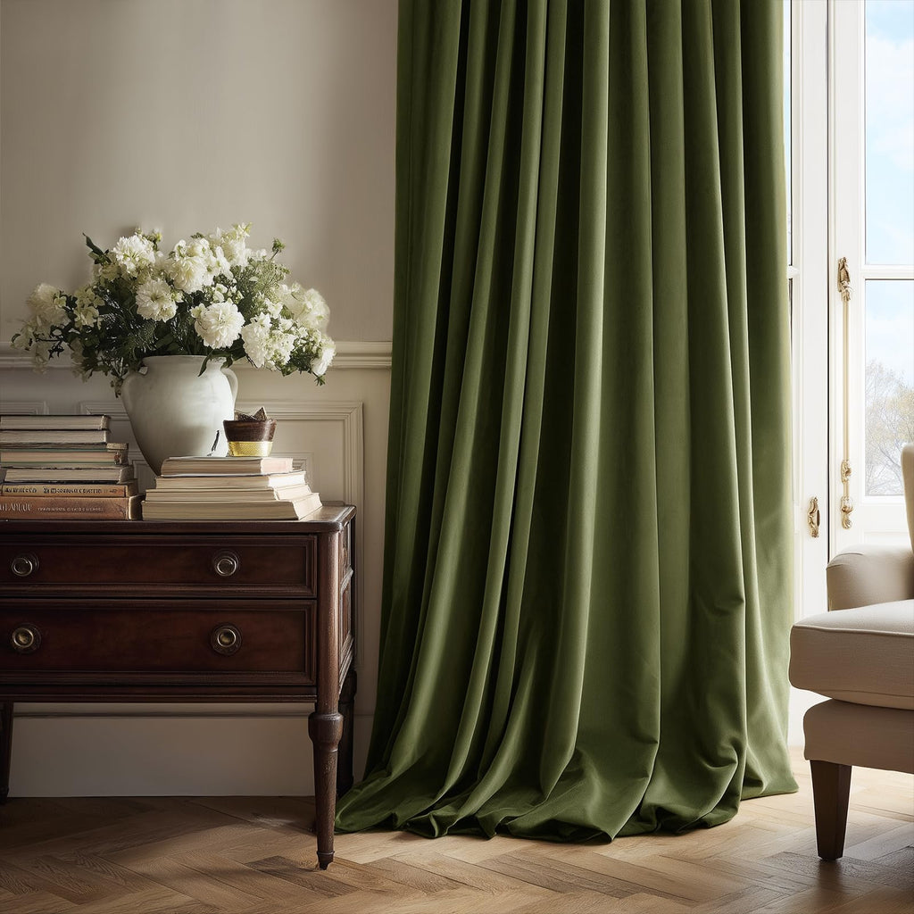 Olive Green Velvet Blackout Curtains 84 Inches 2 Panels Forest Green Elegant Vintage Pinch Pleated Drapes Bedroom