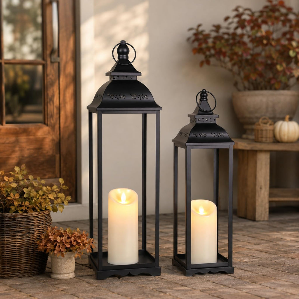 Large Candle Lanterns Set of 2, Black Lanterns Decorative Indoor Outdoor