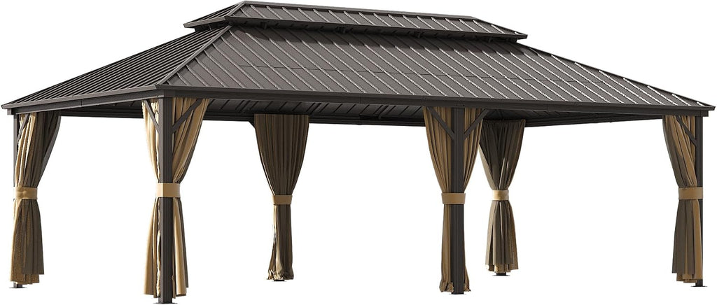 14×20 ft Outdoor Gazebo with Double-Layered Galvanized Steel roof, Hard-top Canopy Featuring Curtains and mesh Panels