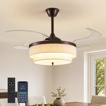48" Brown Modern Ceiling Fans with Lights Boho Fandelier Retractable Ceiling Fan Light Dimmable Fabric Chandelier Fan
