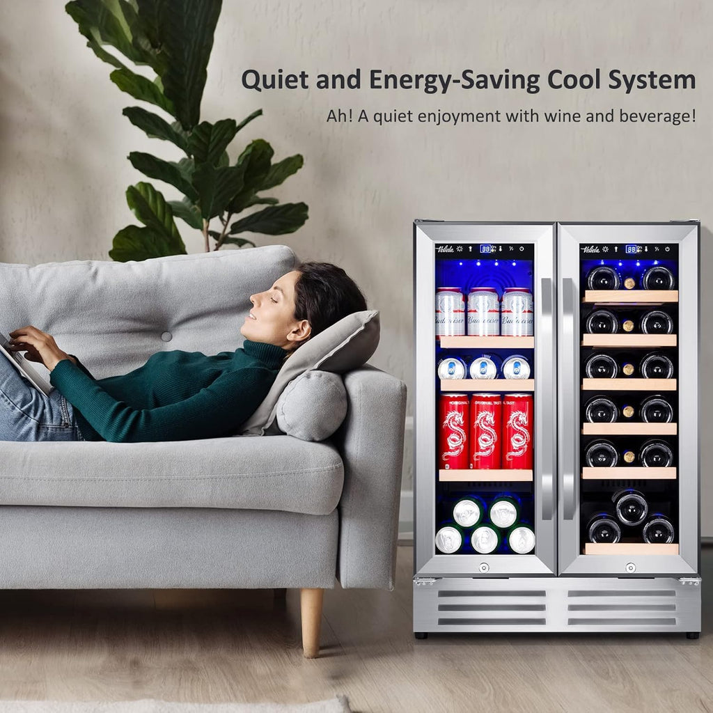 Wine and Beverage Refrigerator, 24 Inch Dual Zone Fridge with Glass Door, Built
