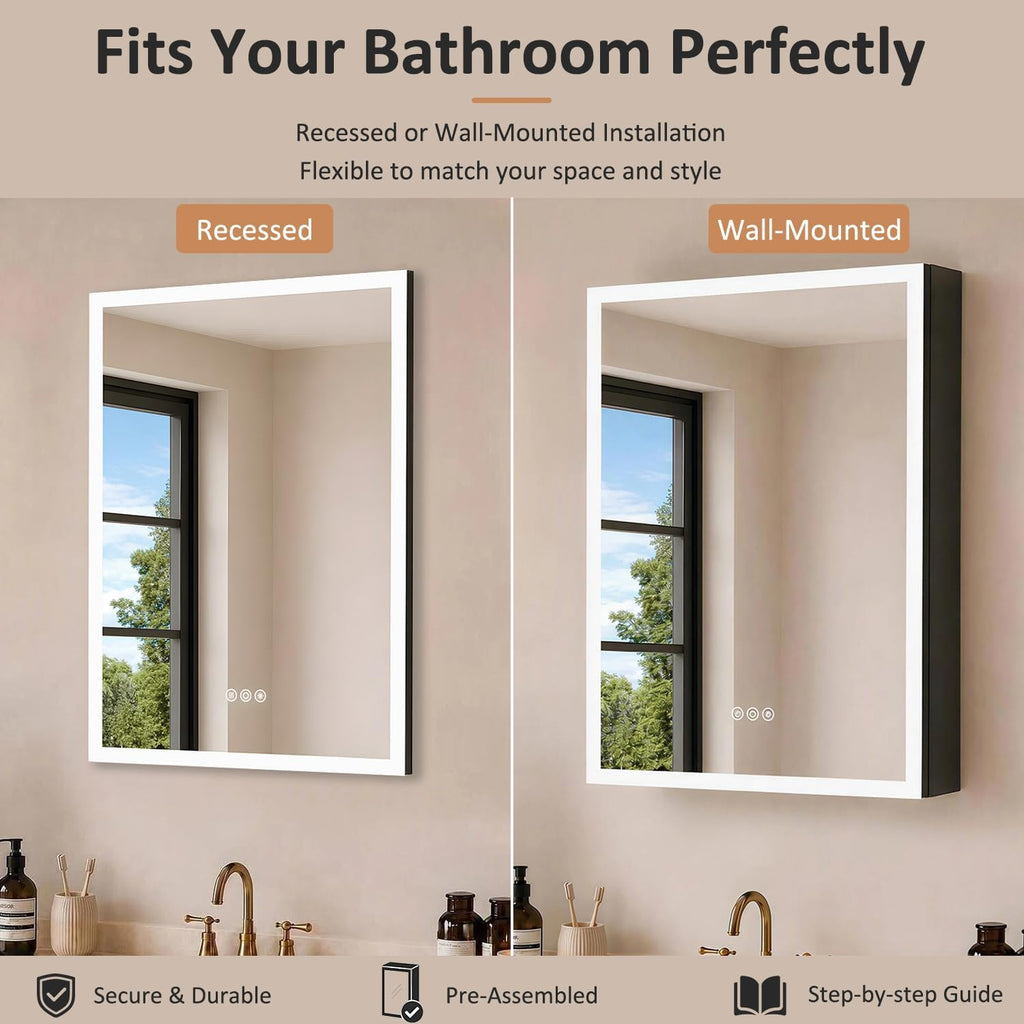 24 x 30 Inch LED Medicine Cabinet Mirror with Lights | Recessed or Wall Mount, ETL Listed, 3-Color Temp Lighting
