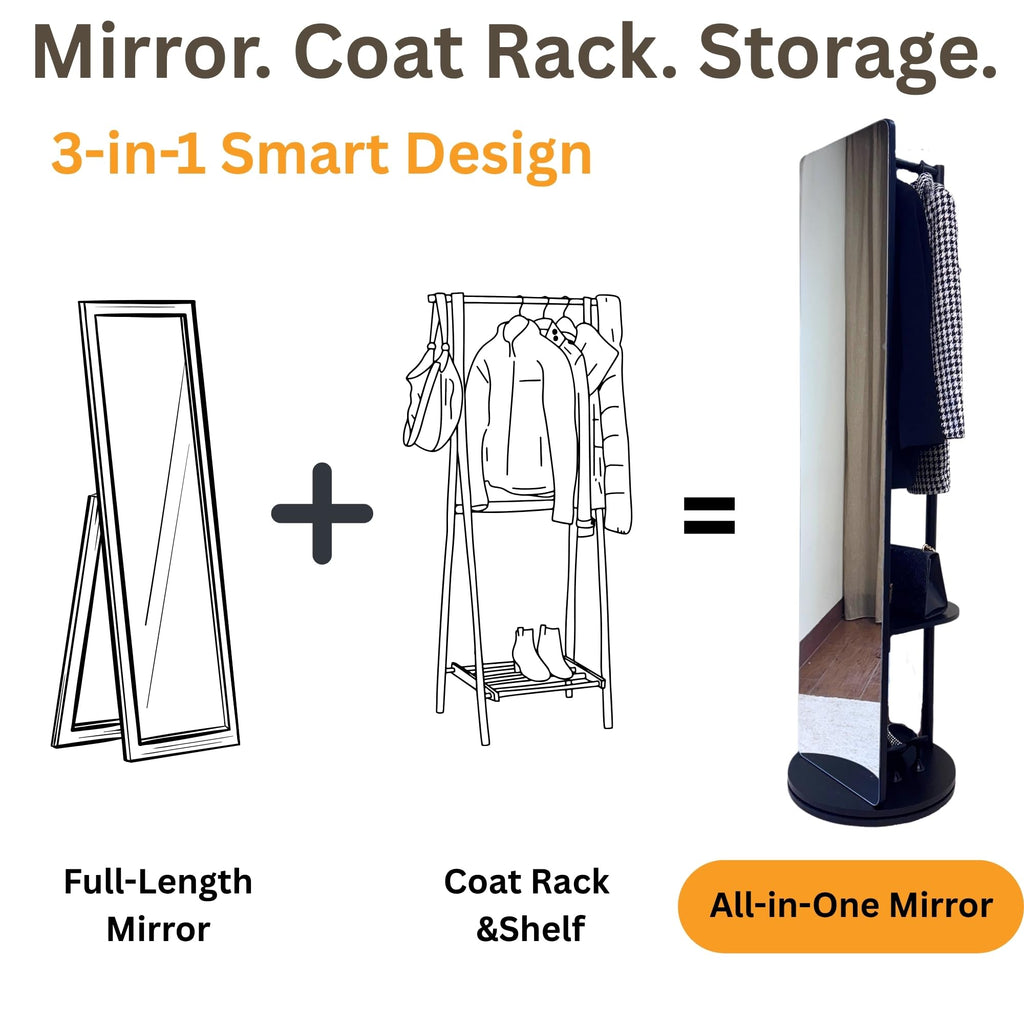 Rotating Solid Wood Full Length Mirror with Coat Rack, 65x14" Shatterproof Floor Mirror with Storage Clothes Rack