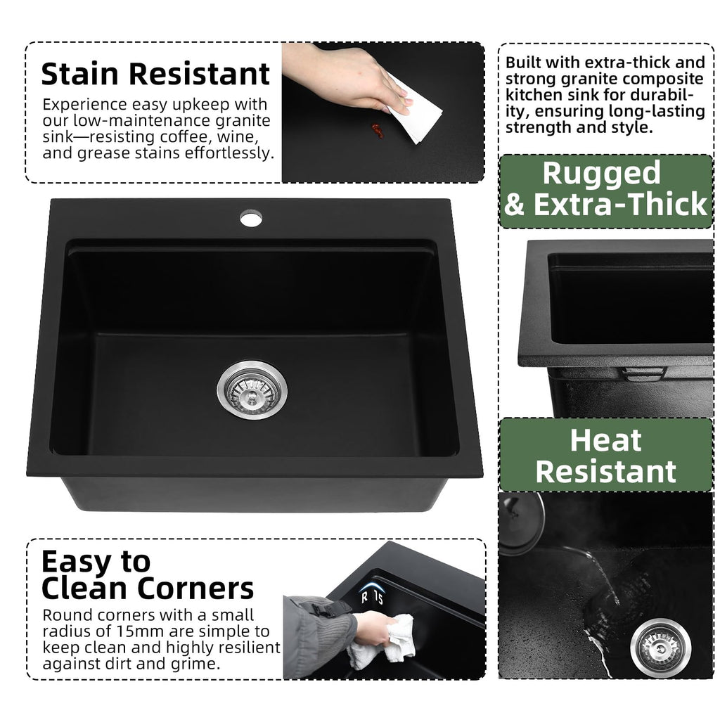 25 Inch Black Granite Composite Kitchen Sink Workstation, Quartz Kitchen Sink Black, Drop in & Undermount