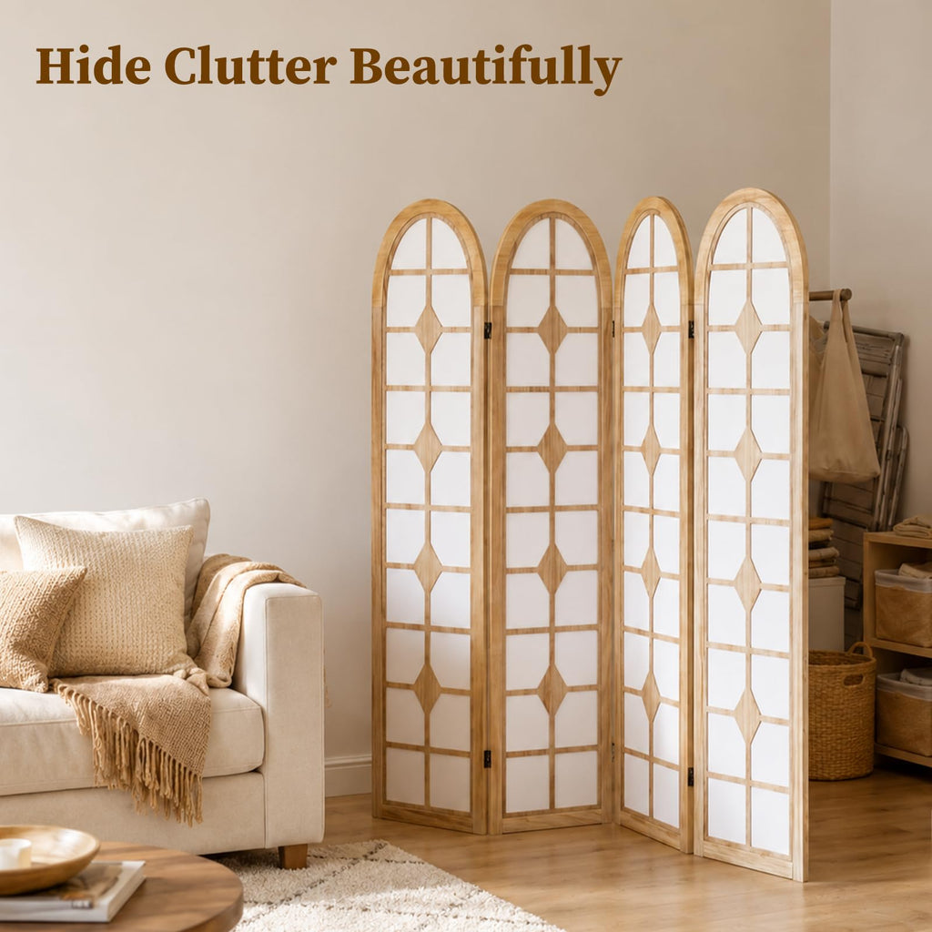 4 Panel Room Divider, Folding Shoji Screen, Natural