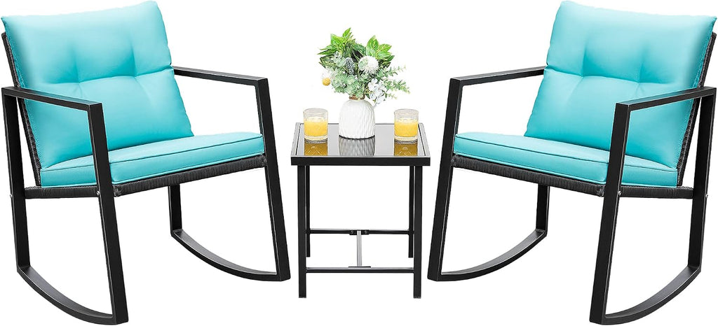 3 Pieces Patio Furniture Set Wicker Outdoor Rocking Chair, Blue | PE Rattan Patio Conversation Sets, Bistro Sets of 2