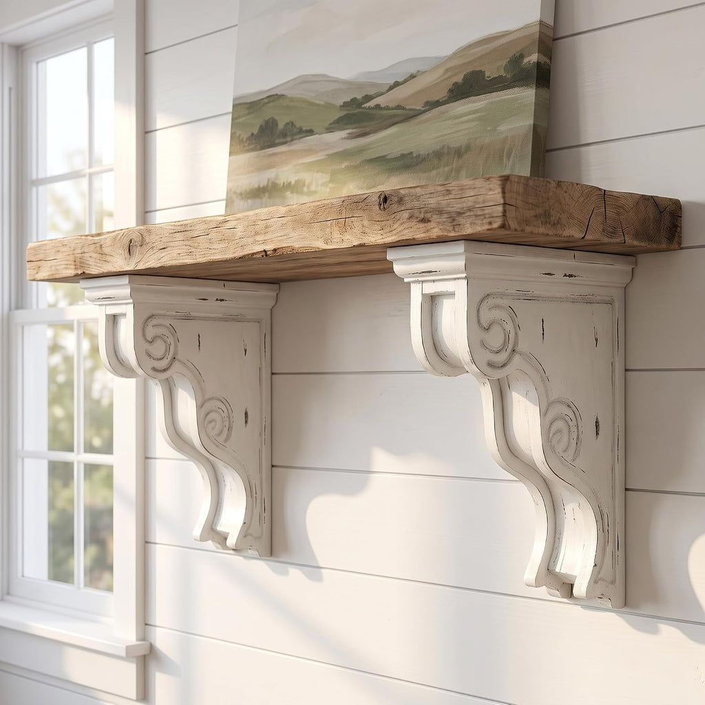 Set of 2 Decorative Shelf Brackets, Wall Mounted Wood Corbels | 7.28 x 4.13 x 11.22 inch Rustic Floating Shelf