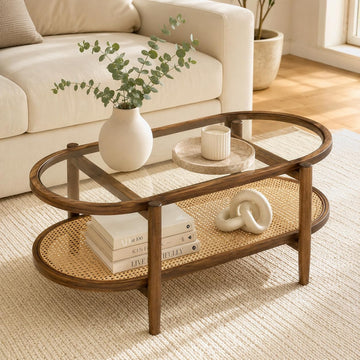 Rattan Coffee Table, 2-Tier Oval Modern Center Table with Tempered Glass Top, Acacia Wood Frame & PE Woven Shelf