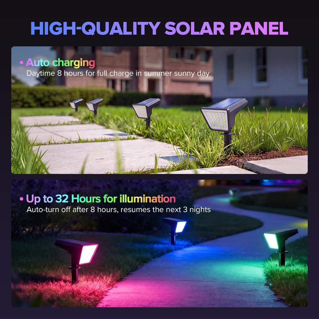 6 Packs Solar Spot Lights Outdoor Waterproof, 28 LED RGBW Solar Powered Landscape Pathway Lights, Dusk to Dawn Solar