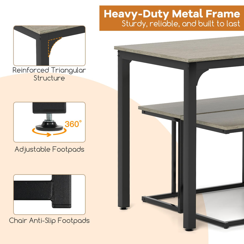 4-Piece Dining Table Set for 4, Rectangular Wood Dining Table with Bench & 2 Stools, Industrial Kitchen Table Set