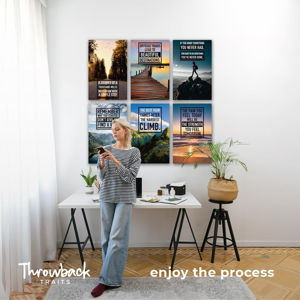 Throwbacktraits Canvas Motivational Wall Art - Set of 6 Inspirational Prints with Uplifting Phrases & Vibrant Images