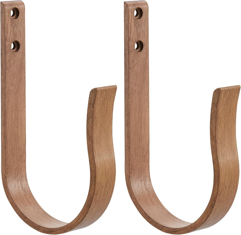 Light Brown Wood Grain Curtain Holdbacks,Solid Aluminum Wall Mounted Curtain Tiebacks & Hooks,U Shape Curtain Holders