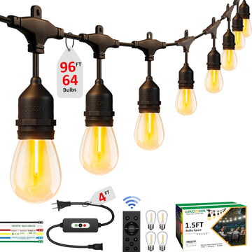 Outdoor String Lights Waterproof with 60+4 Bulbs (1.5FT Bulbs Spacing), Remote & Dimmer, Commercial Grade Patio