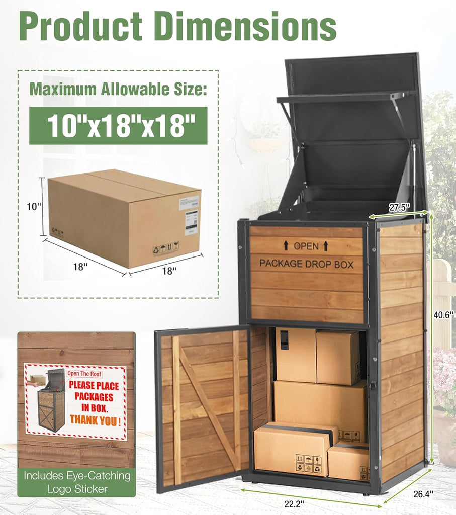 Package Delivery Boxes Theft & Weatherproof Solid Wood with Iron Frame, Parcel Drop Box with Combination Lockable