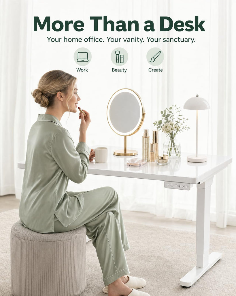 37 Inch Glass Standing Desk with 4-Zone Drawer Storage, Pearl White