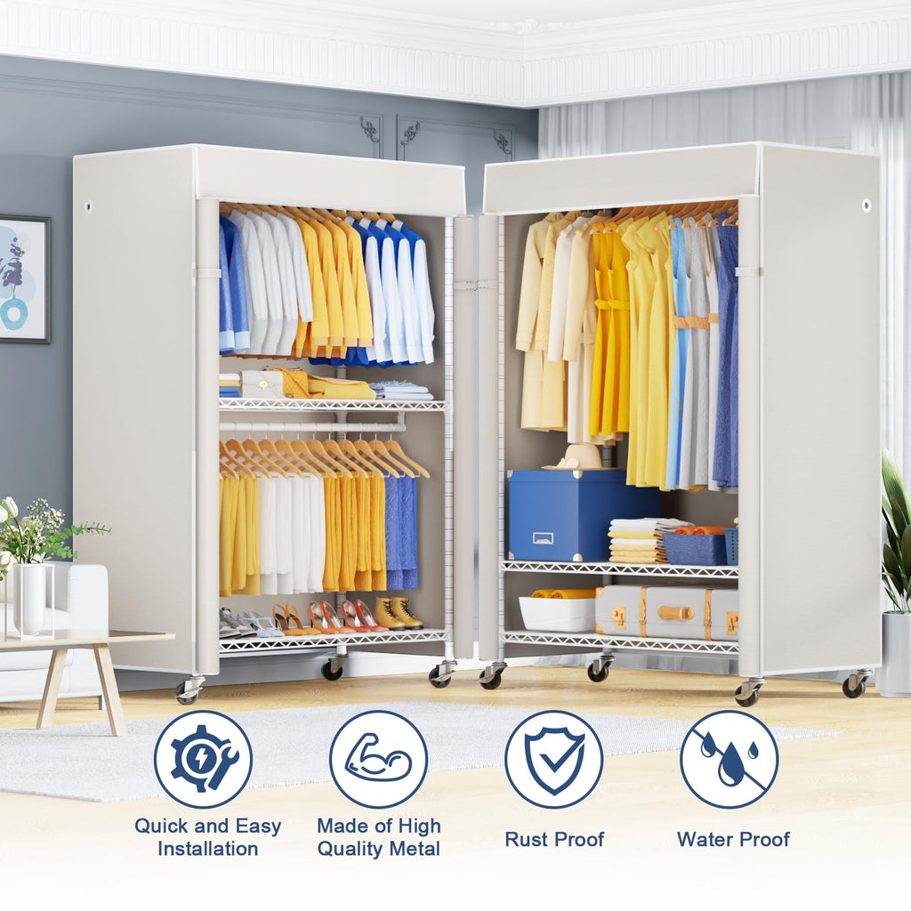 P8C Pro Heavy Duty Clothes Rack(With Extended Width Design) Rolling Clothing Racks for Hanging Clothes with Lockable
