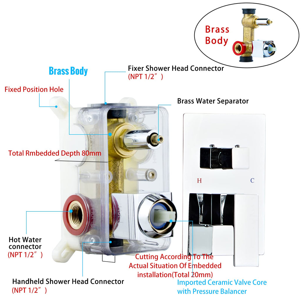 Shower Faucet Set 12 Inch, Polished Chrome Shower System