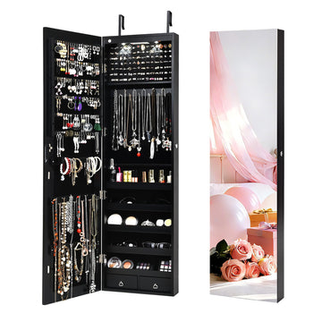 2 LEDs Jewelry Armoire with Full Length Mirror, 47.5" H Wall or Door Mounted Jewelry Cabinet with 2 Drawers, Lockable