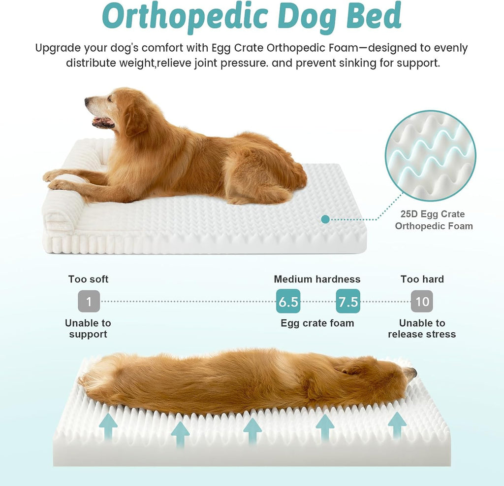 Faux Rabbit Fur Large Dog Bed - Orthopedic Foam Couch with Sides, Removable Washable Cover & Waterproof