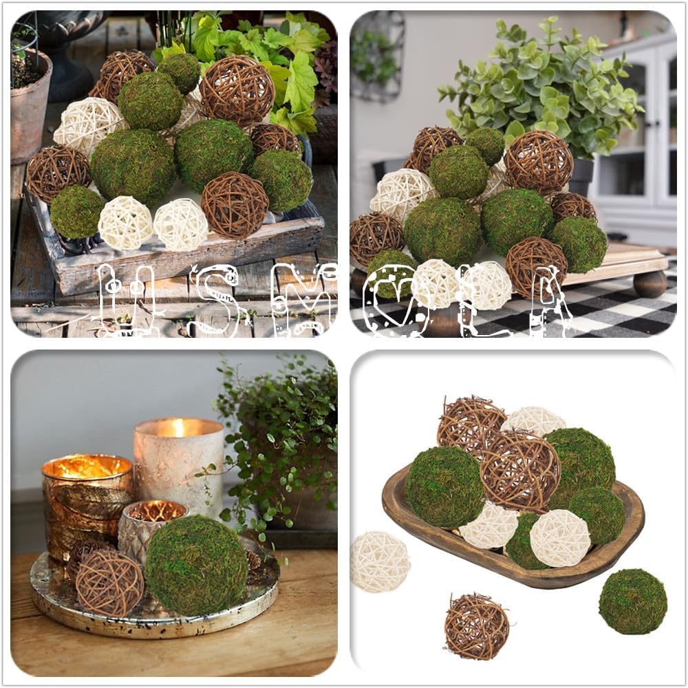 Decorative Balls for Centerpiece Bowl - Fake Moss Balls + Rattan Wicker Balls, Artificial Moss - Set of 18