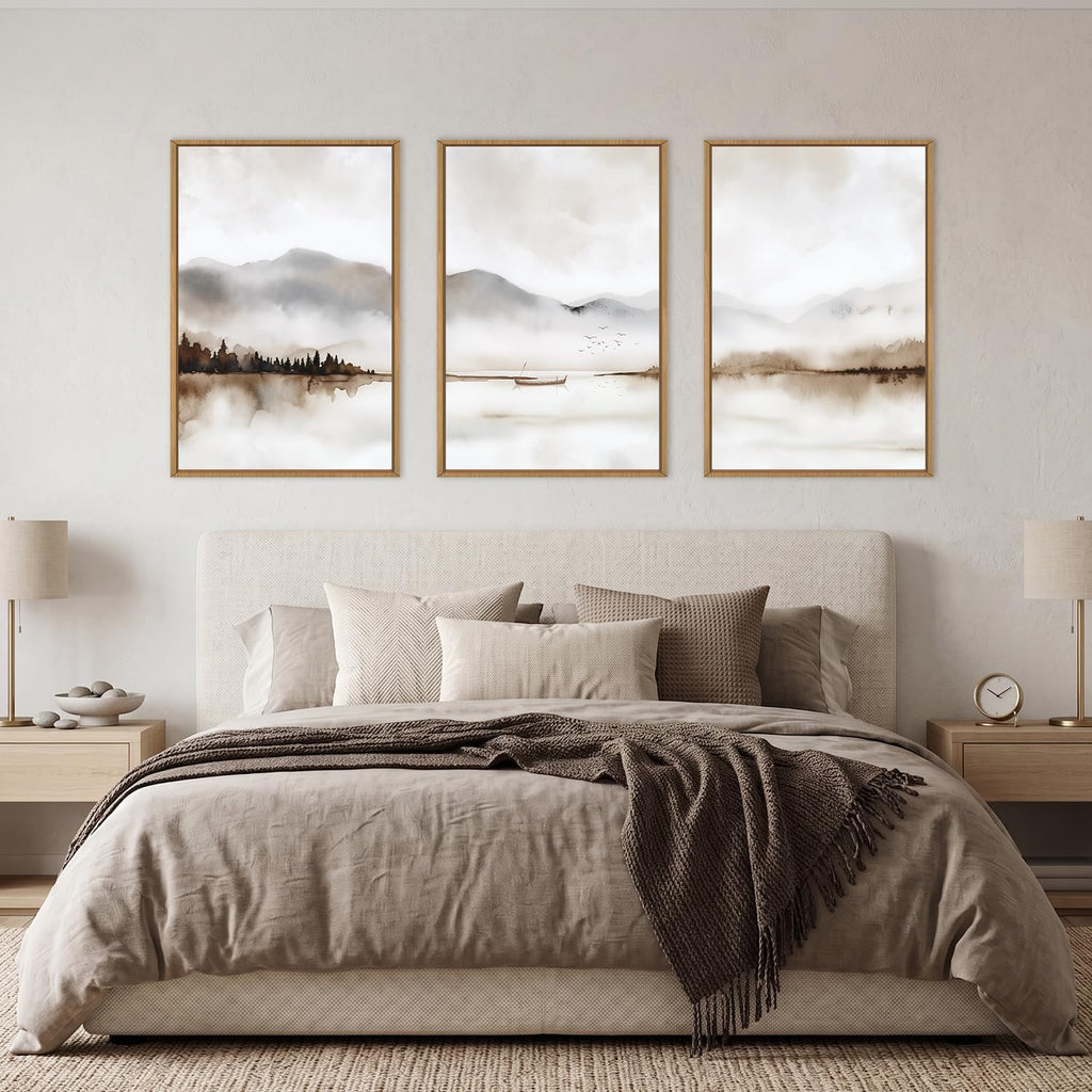 Neutral Abstract Mountain Framed Canvas Print Wall Art Set-24"x36"x3