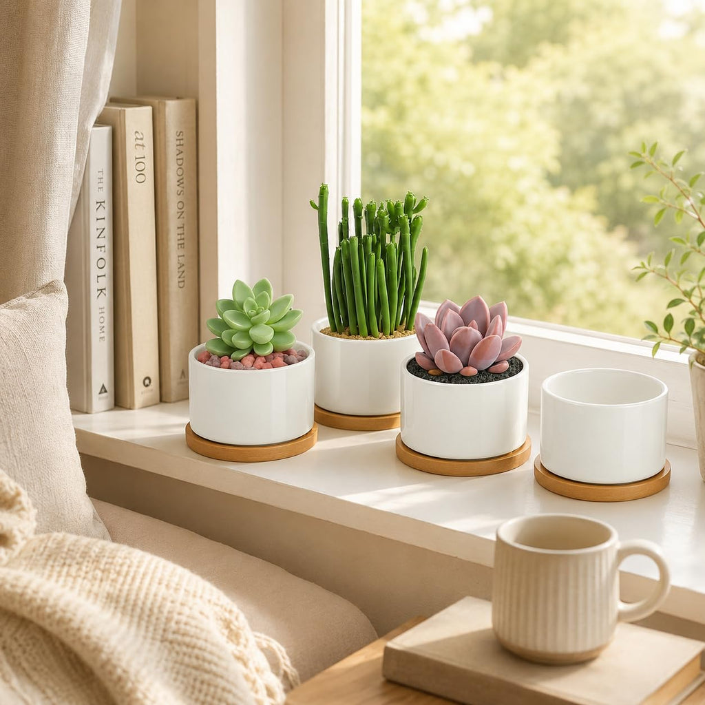 12 Pack 3.6" Ceramic Succulent Pots, White Planter with Drainage Tray