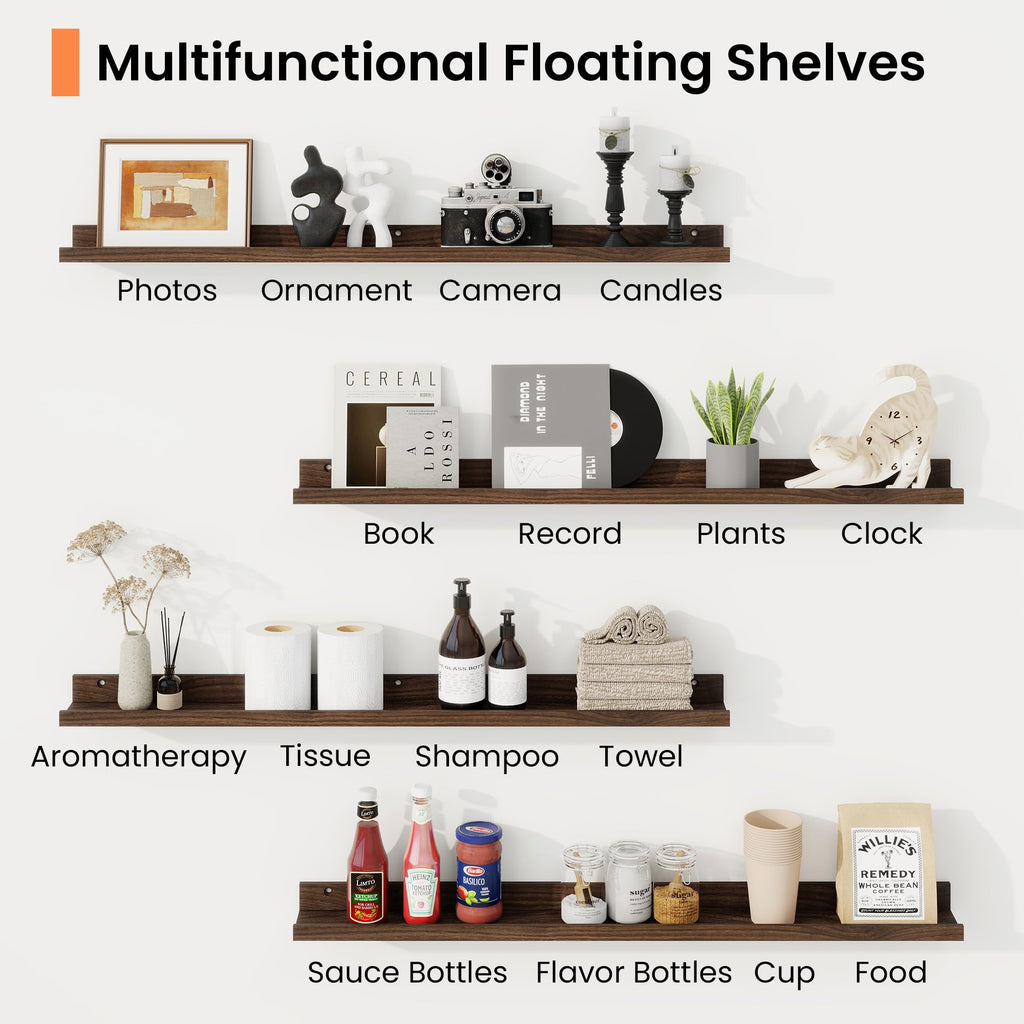 Picture Ledge Shelf, 32 inch Floating Shelves Set of 2, Walnut Wood Shelf