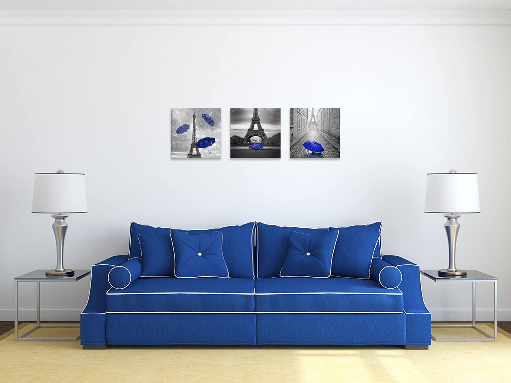 3 Pcs Black and White Canvas Wall Dark Blue Paris Theme Bedroom Bathroom Girls Room Decor Blue Umbrella Print